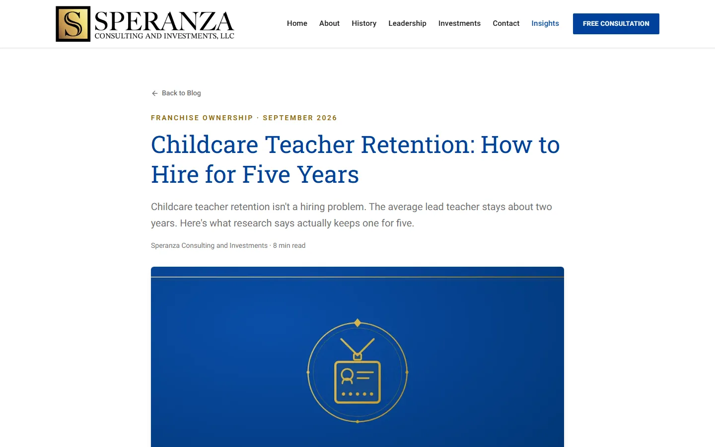 The top of an SCI article: “Childcare Teacher Retention: How to Hire for Five Years”, with its summary, read time and cover