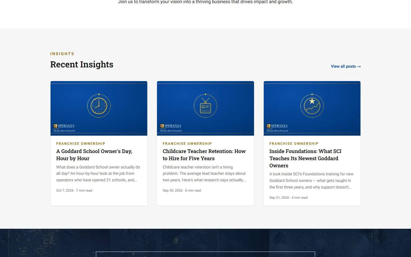 The Recent Insights article cards on the SCI homepage