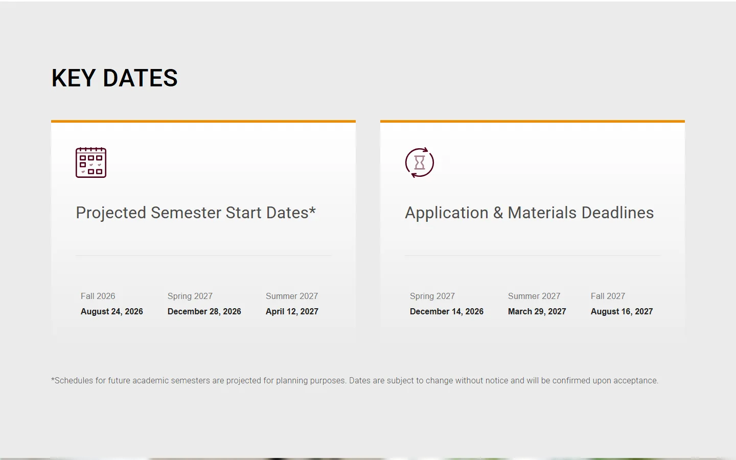 The Key Dates section on the University of Montana partner site: projected semester start dates and application deadlines