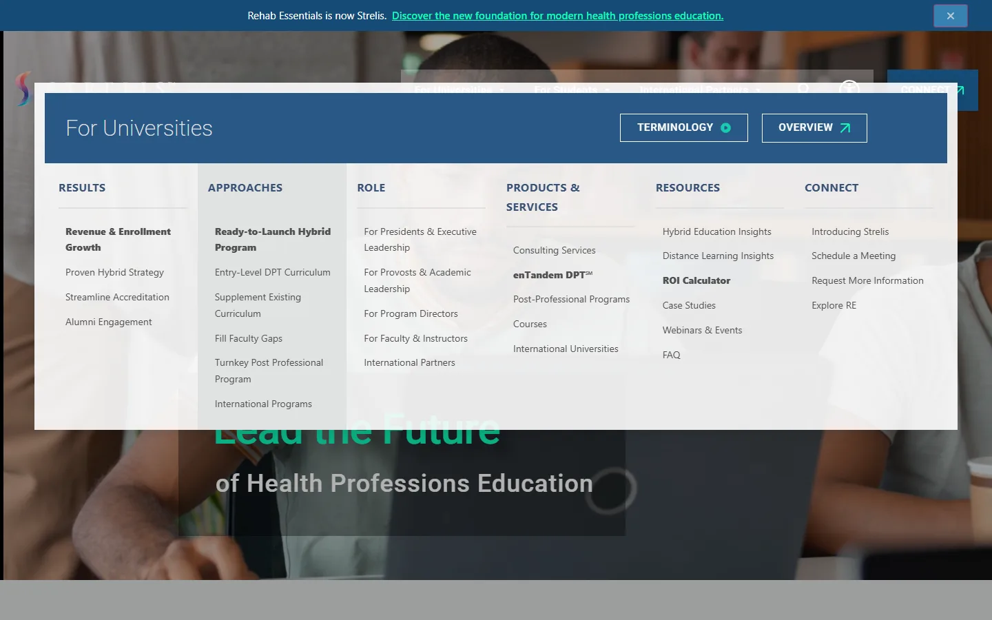 The Strelis site’s mega menu for university leaders