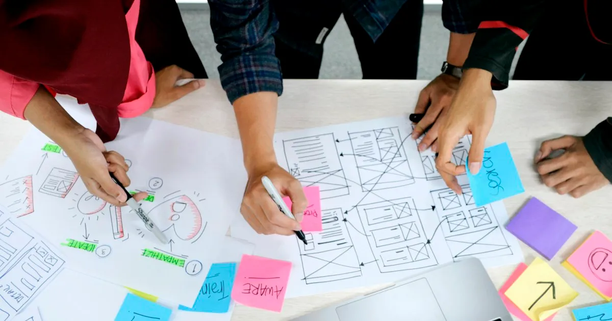 A team sketching a website layout on paper with sticky notes. Photo by UX Indonesia on Unsplash.